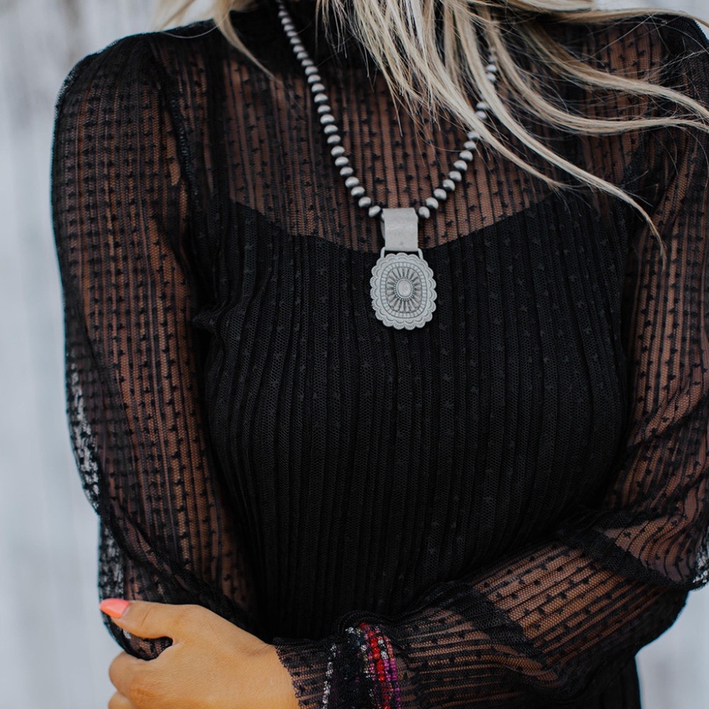 SHEWIN WOMEN BLACK DOTTY LACE LONG SLEEVE MOCK NECK SHEER TOP. VARIOUS SIZES